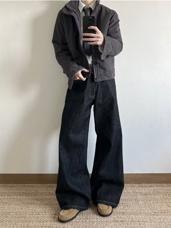 美式老钱风原黑蓝牛赤耳牛仔裤男直筒宽松百搭弯刀阔腿A字休闲裤|undefined