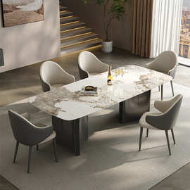 新意式轻奢亮光岩板餐桌高端别墅餐厅大户型不锈钢天然微晶石饭桌