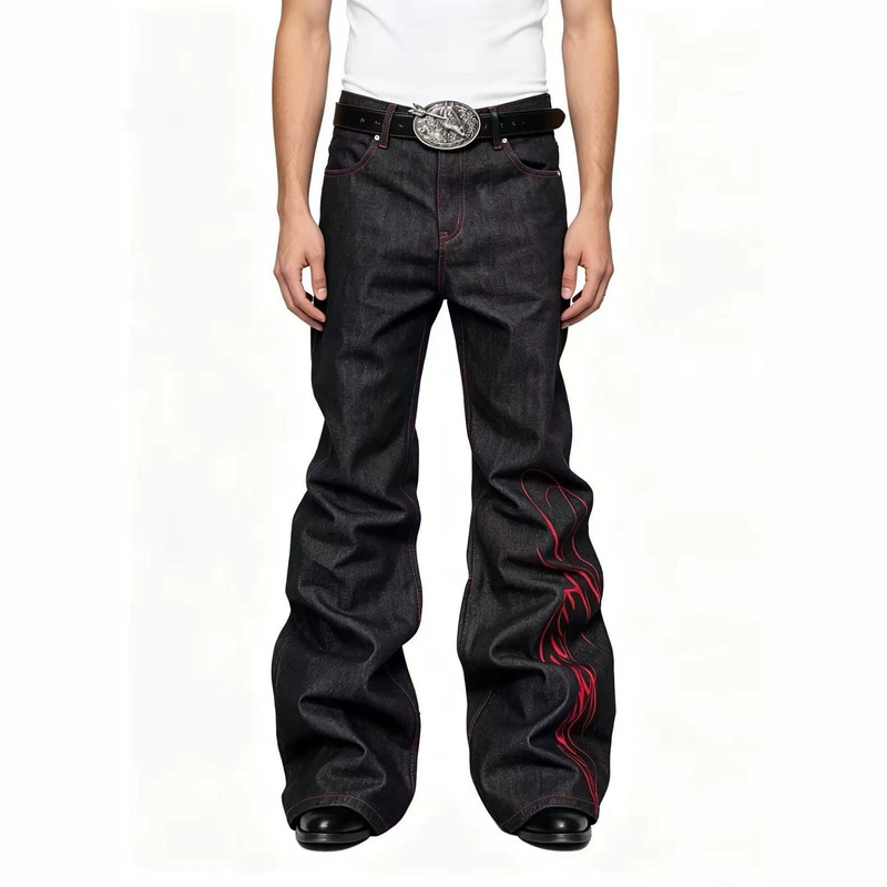 American-style 13-ounce floral high-density embroidery black and red raw denim straight-fit slightly flared jeans for men and women, trendy brand pants American-style 13-ounce floral high-density embroidery black and red raw denim straight-fit slightly flared jeans for men and women, trendy brand pants