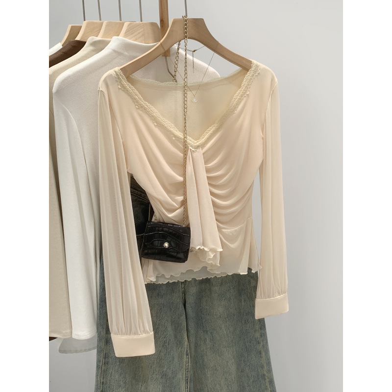 In-Stock French-Style Slim-Fit Lace Ruched V-Neck Long-Sleeve T-Shirt for Women, Summer 2026 New Design, Unique Top In-Stock French-Style Slim-Fit Lace Ruched V-Neck Long-Sleeve T-Shirt for Women, Summer 2026 New Design, Unique Top