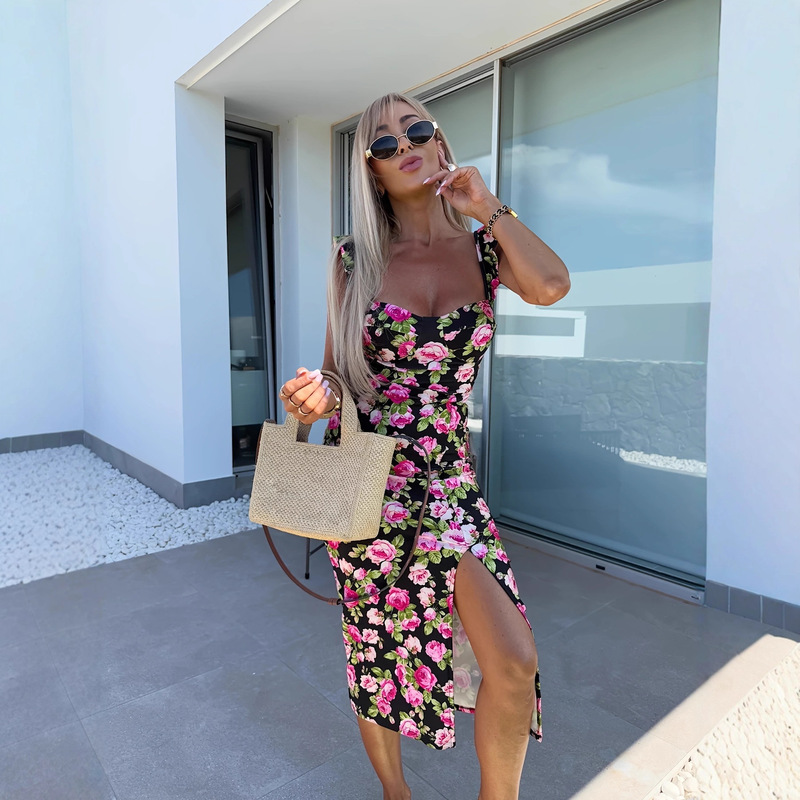 Amazon Europe and America 2025 New Summer Elegant Design French Flower Suspender Slit Mid-Length Women's Dress
