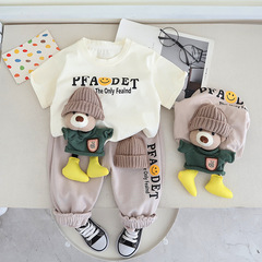 24夏季新款兒童短袖套裝韓版男女童短袖兩件套小熊玩偶短袖短褲套
