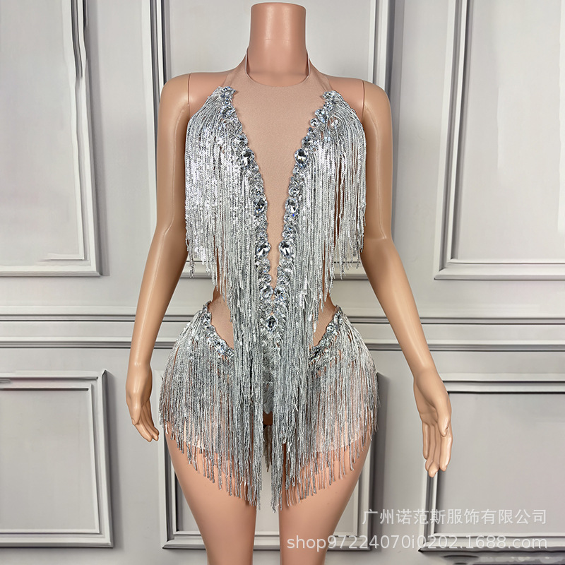 NOCANCE 2023 nuevo champán sexy brillante diamante borla cuello redondo corto elegante de lujo mono