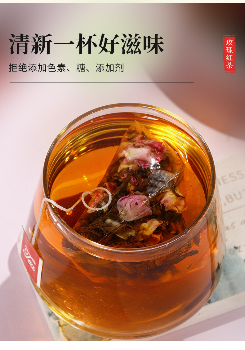 Rose Black Tea Pyramid Sachets — Double-Petal Red Rose & Lapsang Souchong Blend in use