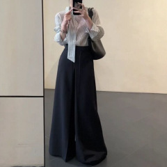 简约条纹飘带设计感长袖上衣衬衫女春秋新款气质百搭时尚通勤衬衣