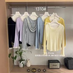 韩式蕾丝花边拼接针织衫女春秋显瘦内搭保暖v领打底衫甜美风上衣