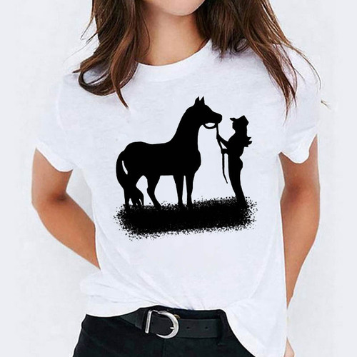  Western European Style Personality Equestrian Sports Print T-shirt for Men and Women Summer Couple Set Casual Large Print Short Sleeve Top
