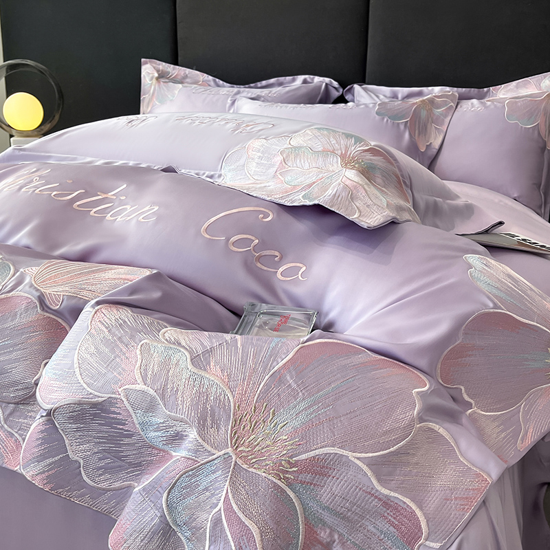 High-End Class a Cool-Feeling Washed Tencel Four-Piece Set of Ice Silk Nude Sleeping Floral Embroider Quilt Cover Bedding Group Purchase Wholesale
