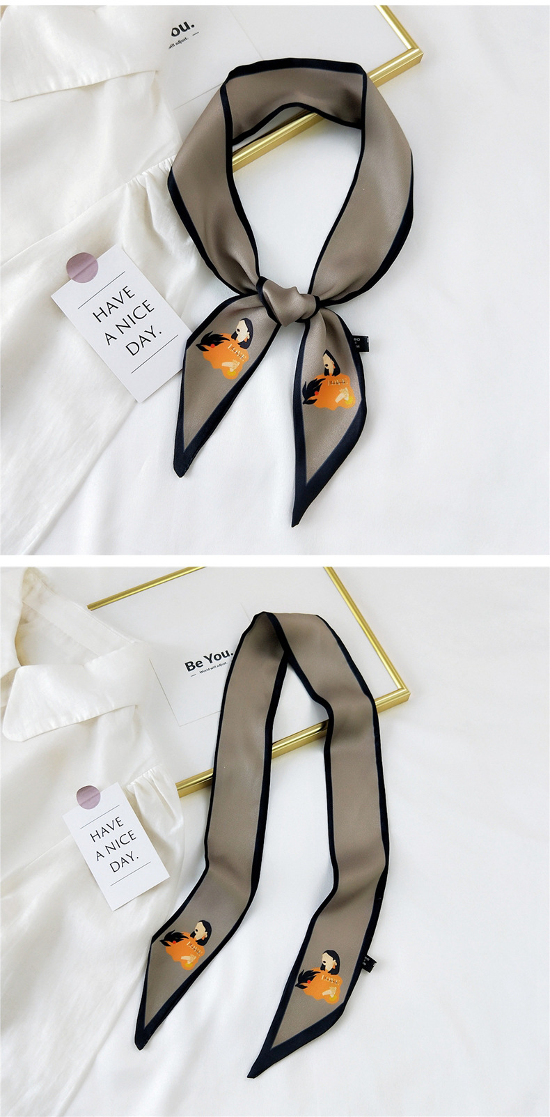 30g Weight Silk Scarf Classification Travel Occasion Unisex Gender Sweet Style Khaki, Grey, Pink, Purple, Red, Green, Blue, Black Color Fashion Streamer Printing Bow Silk Scarf Wholesale 25