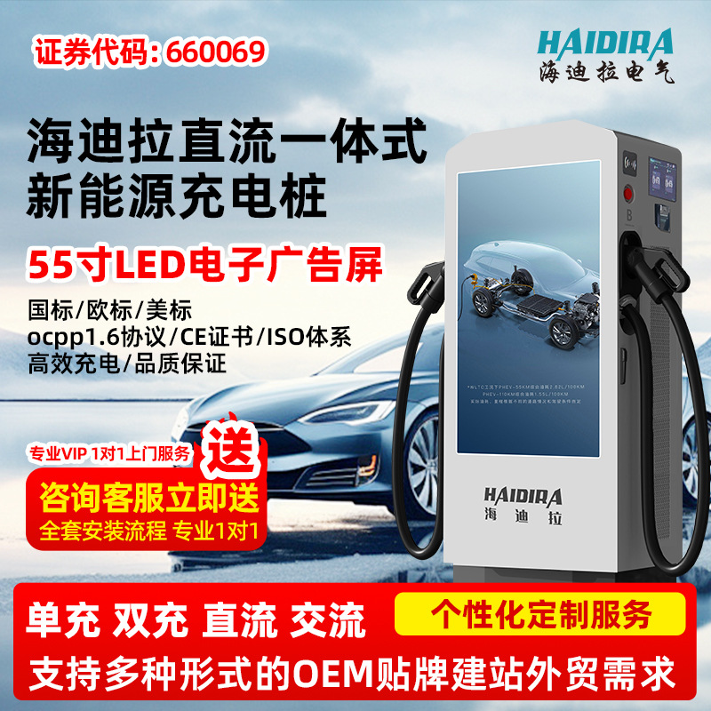 新能源80/120KW国标九孔直流快充桩单双枪建站广告屏充电桩4G联网