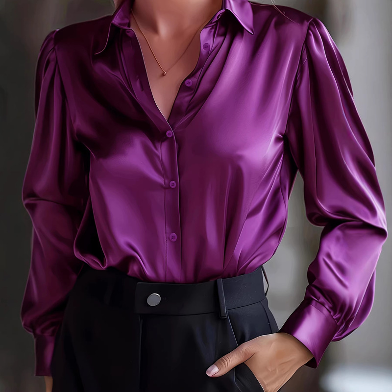 French Pure Color Elegant Satin Button-Front Long-Sleeved Women's Shirt Can Be Worn in All Seasons