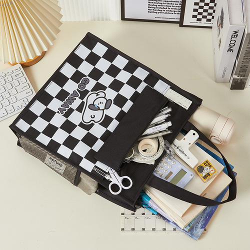 Cartoon checkerboard tutoring bag portable homework storage file bag tutoring bag primary school student carrying handbag information bag