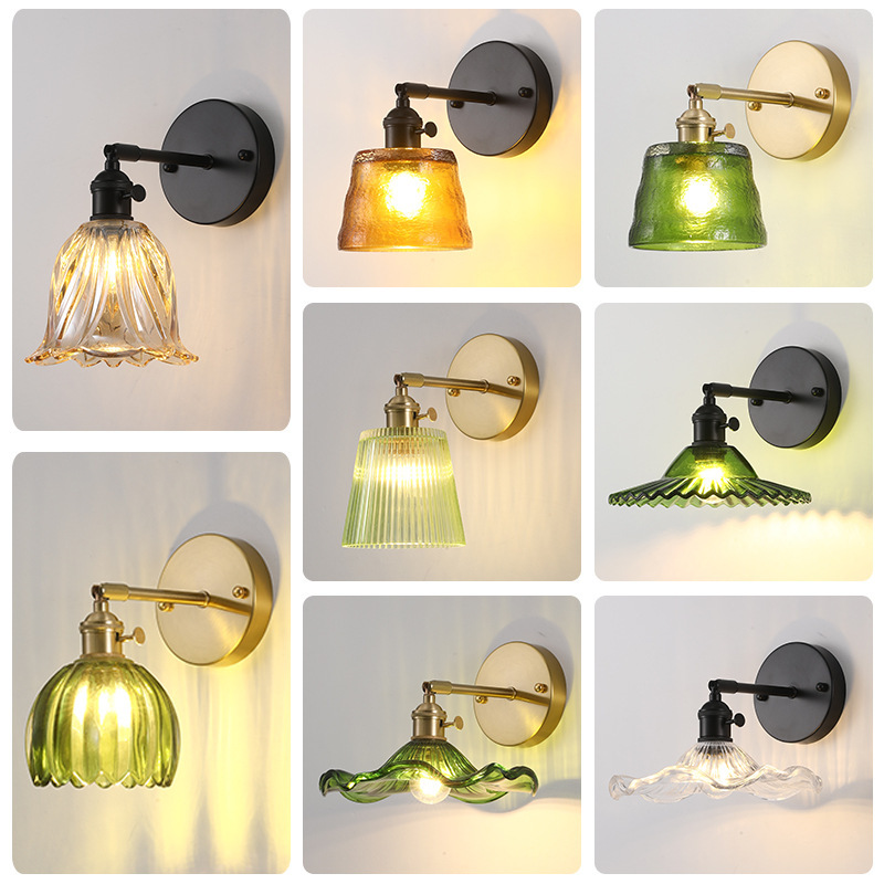 American-Style Retro Colorful Wall Lamp with Green Thickened Glass and Amber Color for Dining Room, Cafe, Nordic Bedside Small Wall Lamp