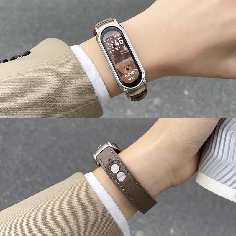 Suitable for Xiaomi Mi Band Watch Strap 9/10/4/5/6/7/8 Generation Leather Strap Small Waist Double Buckle Style for Men and Women Genuine Leather