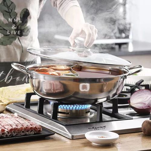 Stainless steel hot pot with thin lamb and duck meat, thick clear soup pot, two flavors, separate pots with double ears and lid, suitable for home and commercial use