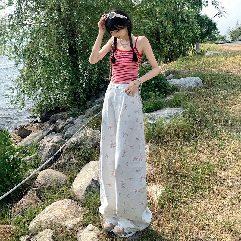 JEANS-FU новые ретро цветочные свободные широкие брюки с высокой талией тонкие дикие свежие джинсы