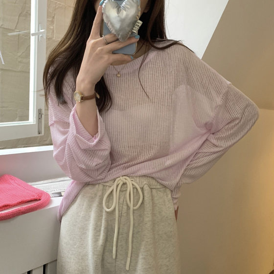 Sun Protection Shirt, Long-Sleeved Thin Girl's Simple Loose T-Shirt, Women's Summer Slightly See-Through Bottoming Shirt, Niche Chic Top Trend