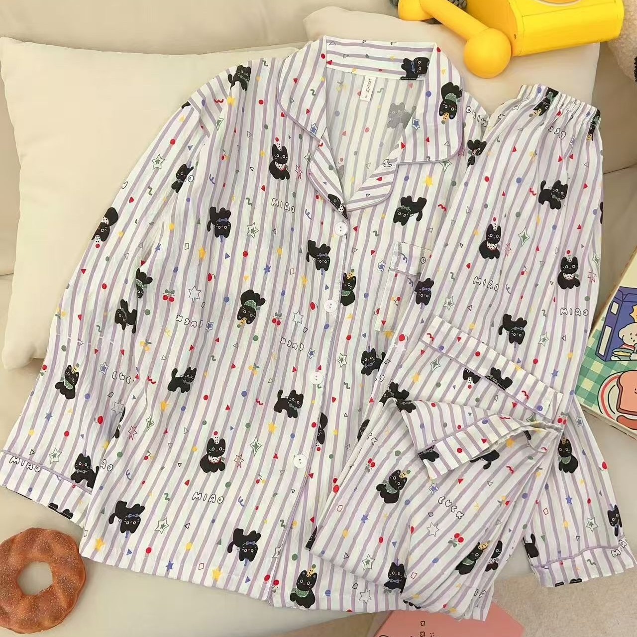 Vietnam transfronterizo al por mayor nube pijamas de algodón pantalones de manga larga para mujer primavera y otoño linda rebeca solapa dulce servicio a domicilio