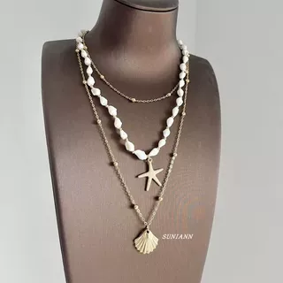 波西米亚多层叠戴海螺贝壳毛衣链小众高级感海边度假风女颈链配饰