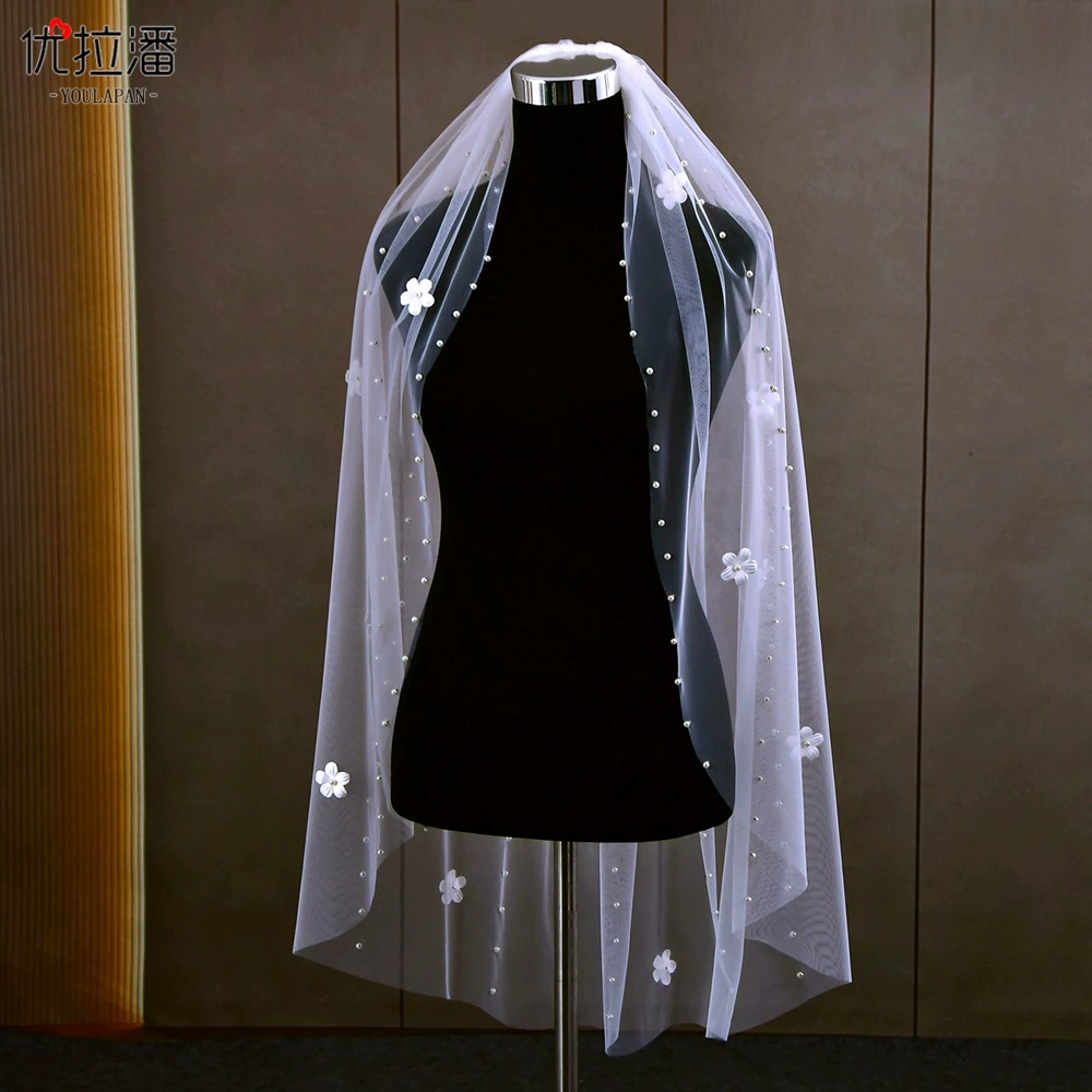 优拉潘 V193 Retro wedding beads plain yarn sweet flowers tailing veil bride simple pearl veil
