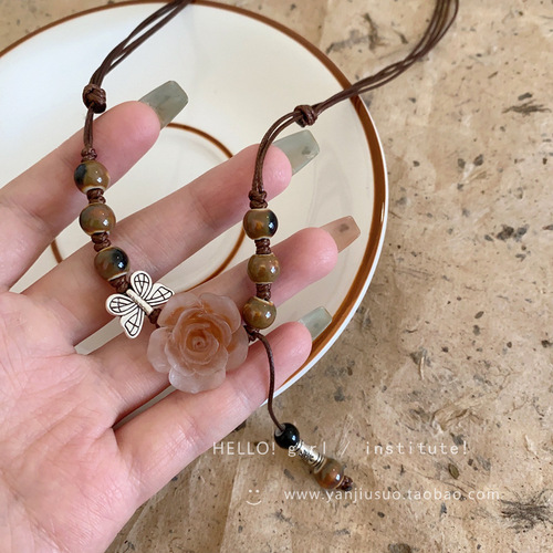 New Chinese style tassel necklace for women, new high-end antique style horse skirt accessories, rose flower clavicle chain