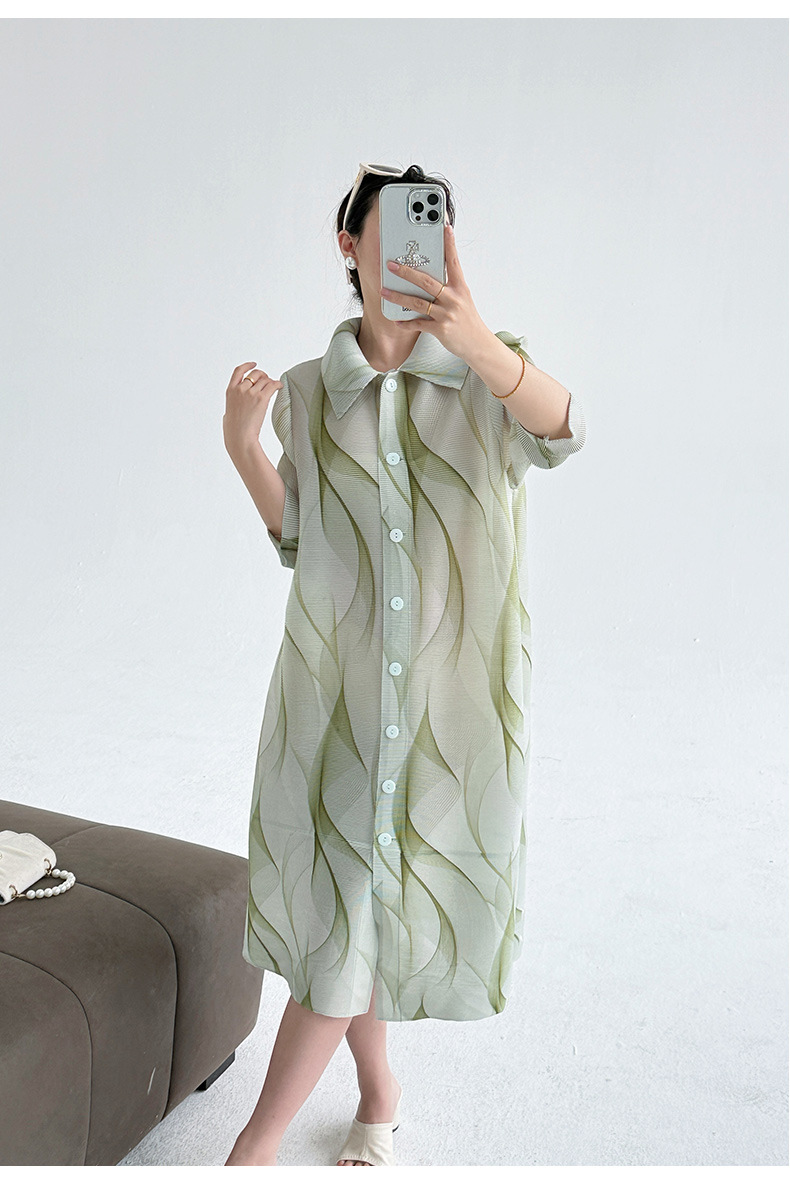 Váy maxi nữ thắt eo họa tiết vẽ mực phong cách lạnh giá — Màu xanh lục nhạt chi tiết 13