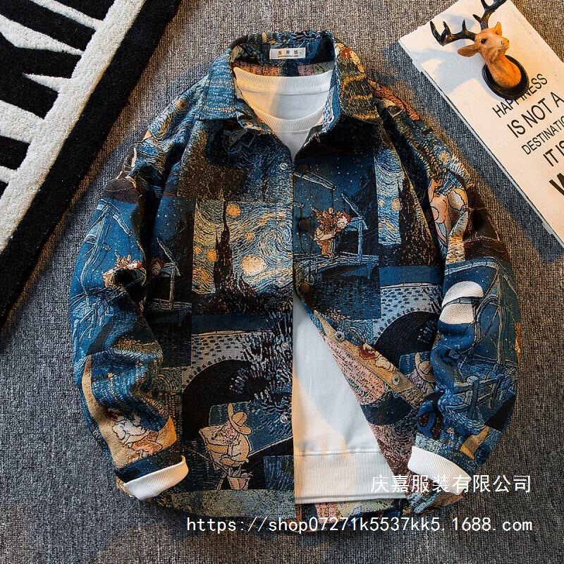 Men's American vintage-style Van Gogh oil painting print long-sleeve shirt, trendy art-inspired casual shirt, wholesale Men's American vintage-style Van Gogh oil painting print long-sleeve shirt, trendy art-inspired casual shirt, wholesale