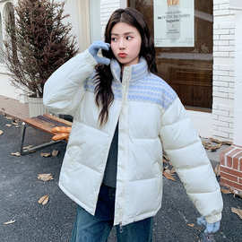 小香风拼接立领棉服外套女冬季新款韩系设计感加厚保暖面包服棉衣