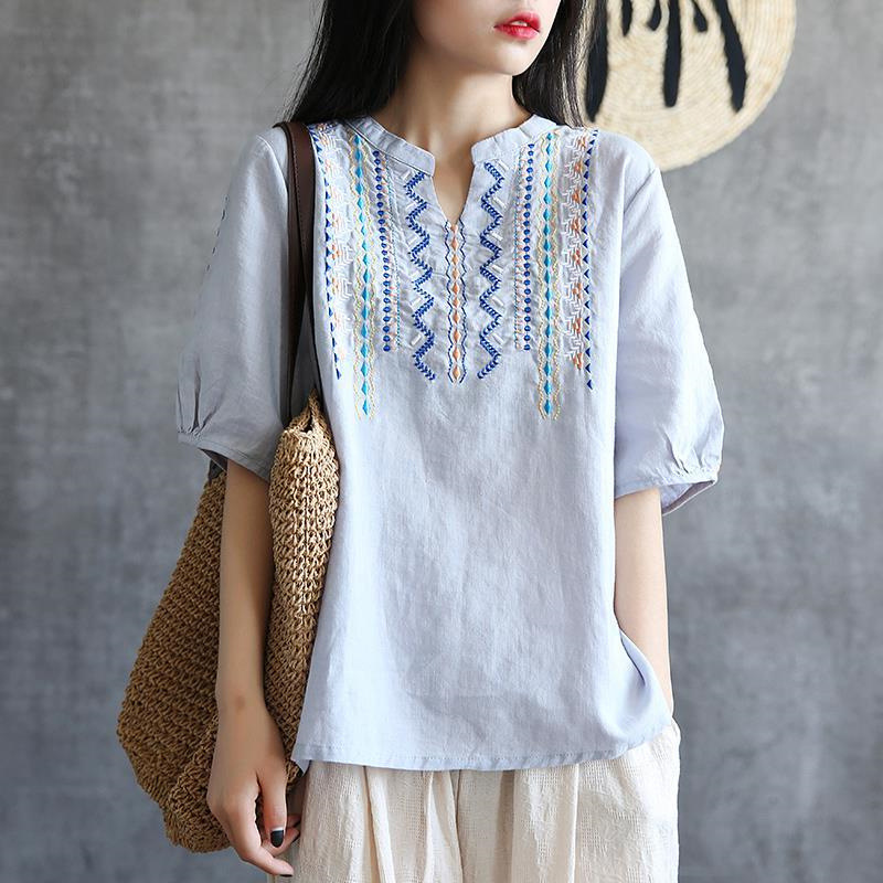 Simple embroidered loose-fitting literary V-neck bamboo cotton top for women, summer versatile retro cotton and linen short-sleeved t-shirt