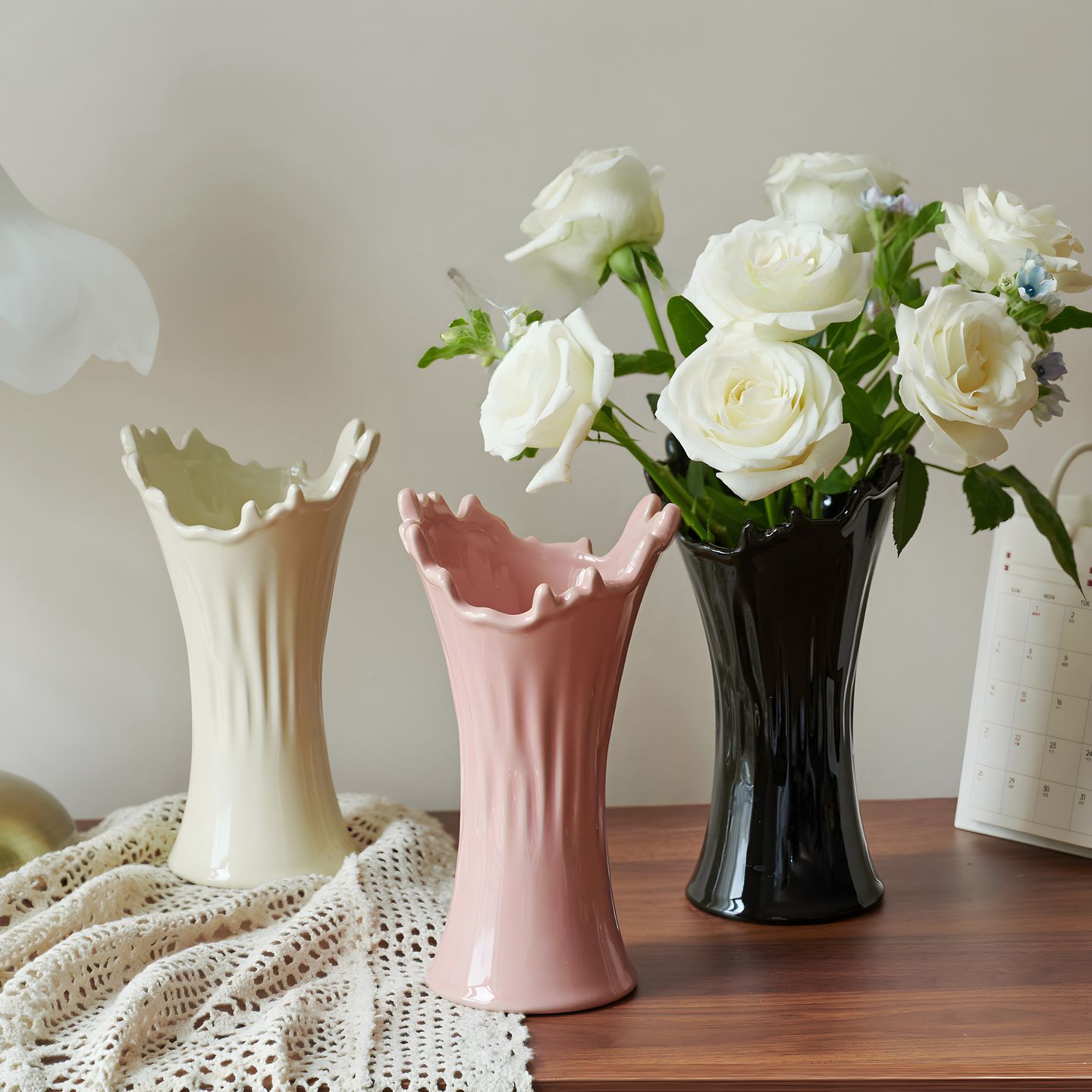 Original Design Lace Ceramic Vase Flower Arrangement High-End B&B Soft Decoration Ornaments Bouquet Flower Arrangement