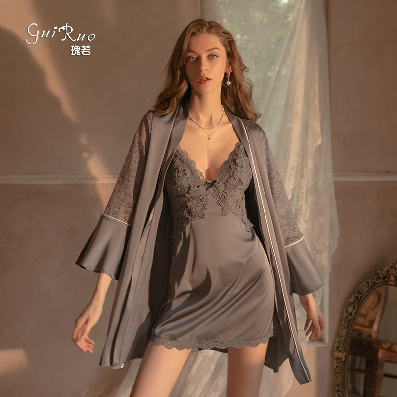DZ Guiruo Sexy Cross Backless Embroidered Lace and Chest Pad Satin Nightdress Gown Women's Home suit 1170 DZ Guiruo Sexy Cross Backless Embroidered Lace and Chest Pad Satin Nightdress Gown Women's Home suit 1170