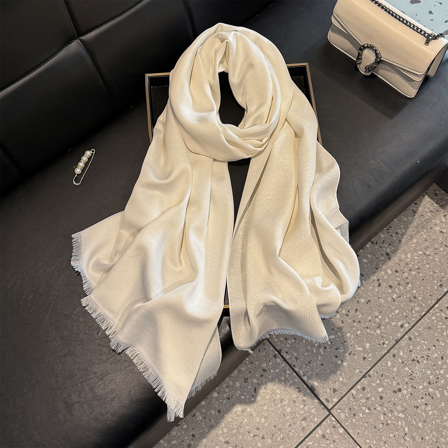 Women's Silk Scarf With Gold Thread Solid Colour Long Beach Wrap_voghion.com