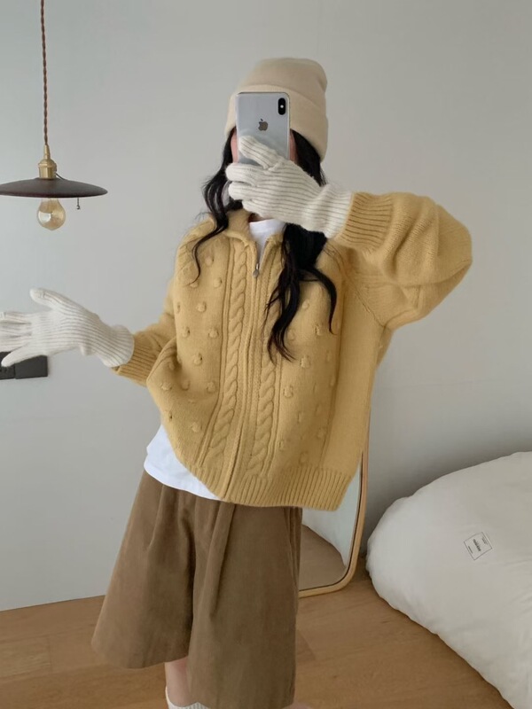 翻领加厚针织毛衣开衫外套女秋冬新款宽松慵懒风显瘦百搭气质上衣|undefined