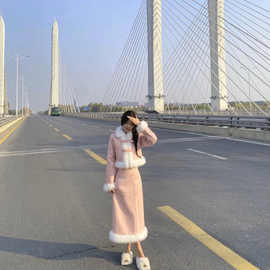 网红同款秋冬洋气千金风甜美加厚拼接毛领外套+毛毛半身裙套装冬