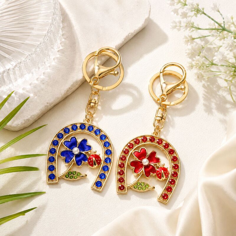 European and American Style Floral Ladybug Horseshoe-Shaped Diamond-Encrusted Key Ring Buckle Zinc Alloy Enamel Small Pendant Keychain Chain Wholesale