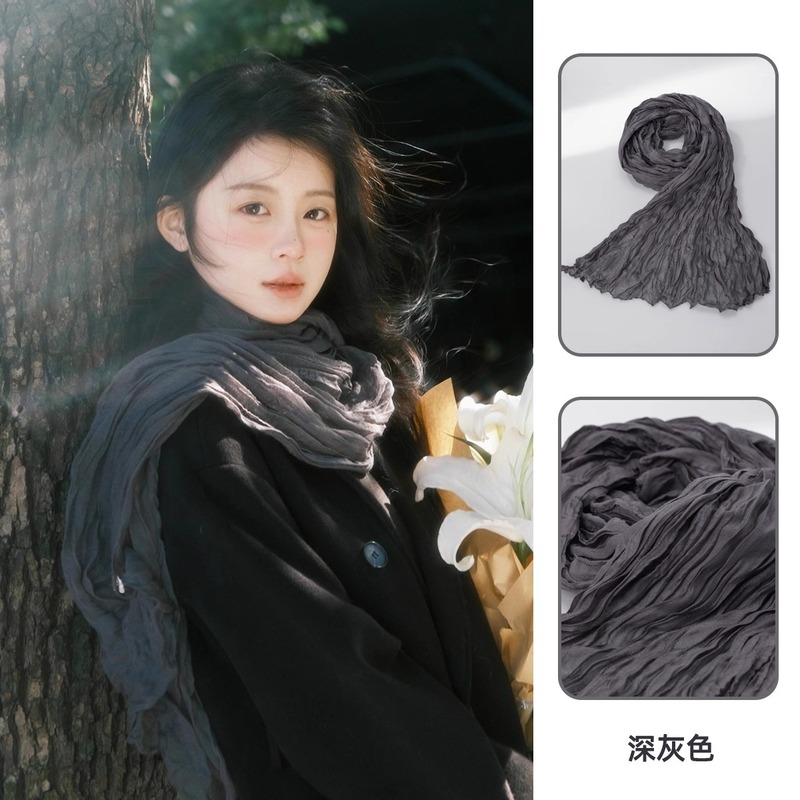 女性用レトロコットンとリネンスカーフ、春と夏、薄い、芸術的なブラウン、ヴィンテージ、プリーツ、日焼け止め、ストリップシルクスカーフ、ネック周りの雰囲気|undefined