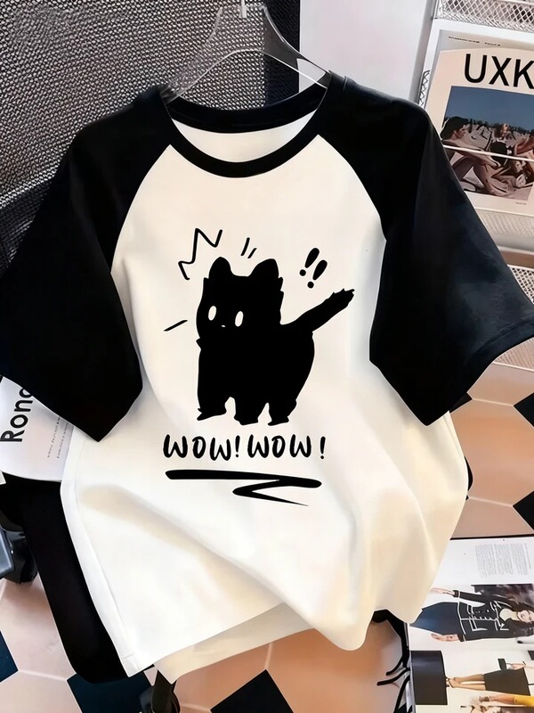 Interesting T-Shirt with Cat Letter Print, Crew Neck T-Shirt, Casual Short-Sleeve Top, Spring and Summer Women's Fashion, European and American Style, Comfortable and Casual Interesting T-Shirt with Cat Letter Print, Crew Neck T-Shirt, Casual Short-Sleeve Top, Spring and Summer Women's Fashion, European and American Style, Comfortable and Casual
