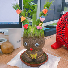 草頭娃娃創意小盆栽桌面可愛植物趣味長草娃娃辦公室兒童水培綠植