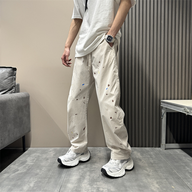 Pantalon décontracté à coupe étroite pour homme, coupe ample, coupe droite, coupe incurvée, sensation haut de gamme, effet vieilli, encre éclaboussée_voghion.com