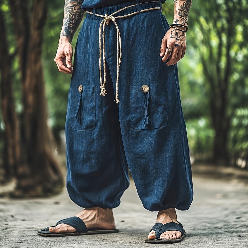 Men's Linen-Style Long Pants, Summer Elastic Waist, Wide-Leg, Comfortable, Breathable, Casual, Everyday, Vacation, Fashionable, Classic Style Men's Linen-Style Long Pants, Summer Elastic Waist, Wide-Leg, Comfortable, Breathable, Casual, Everyday, Vacation, Fashionable, Classic Style