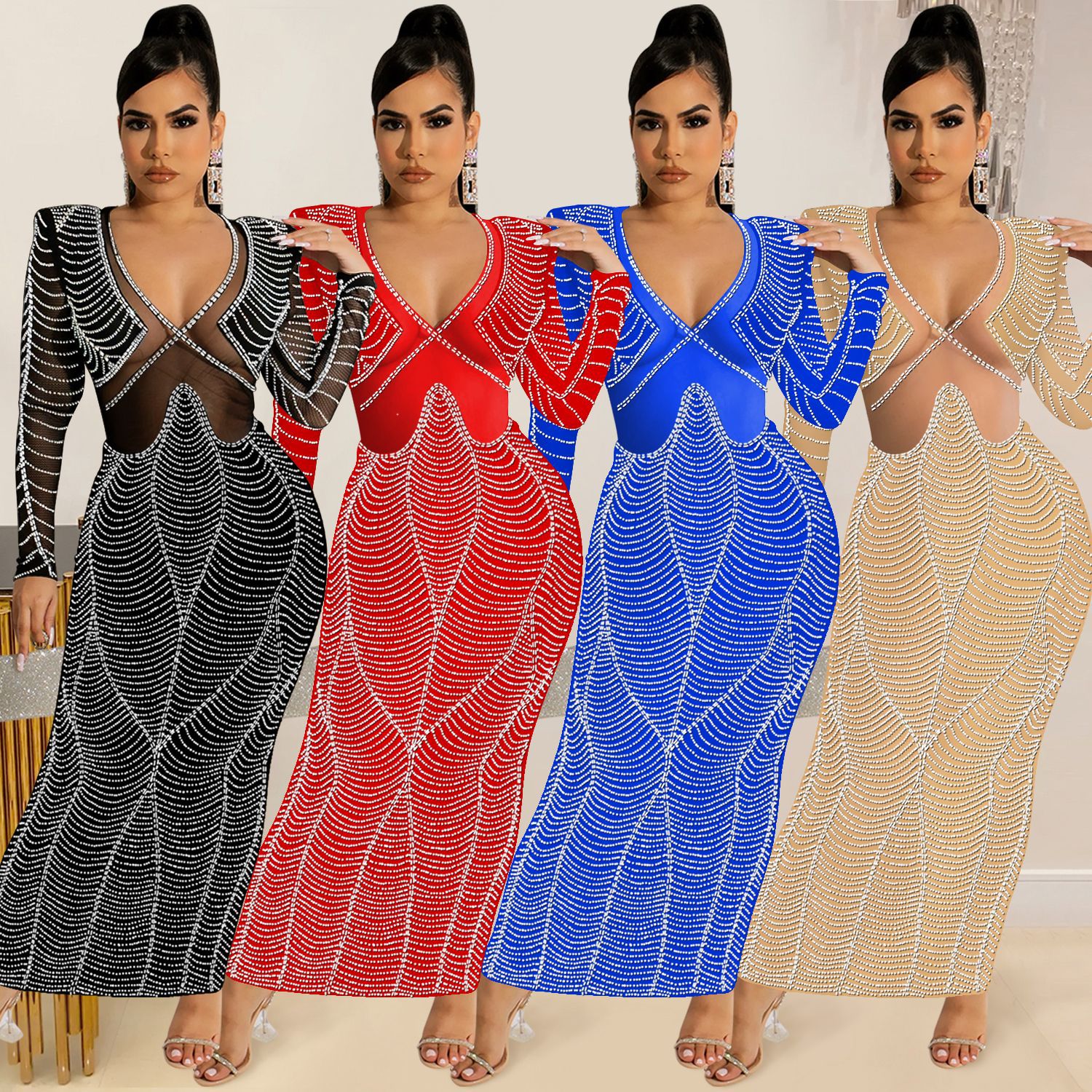 C5912 AliExpress Amazon Europa y América sexy discoteca rhinestone malla perspectiva V-cuello Vestido de manga larga vestido mujeres