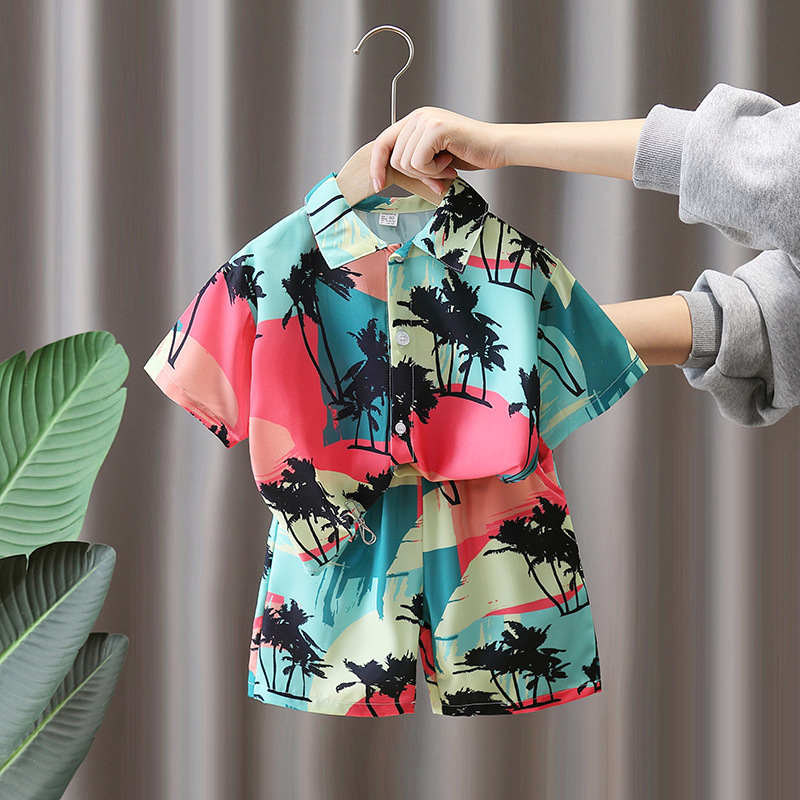 7218 Traje de verano para niños Camisa de flores de manga corta para niños Verano estilo de vacaciones junto al mar con traje de playa de dos piezas