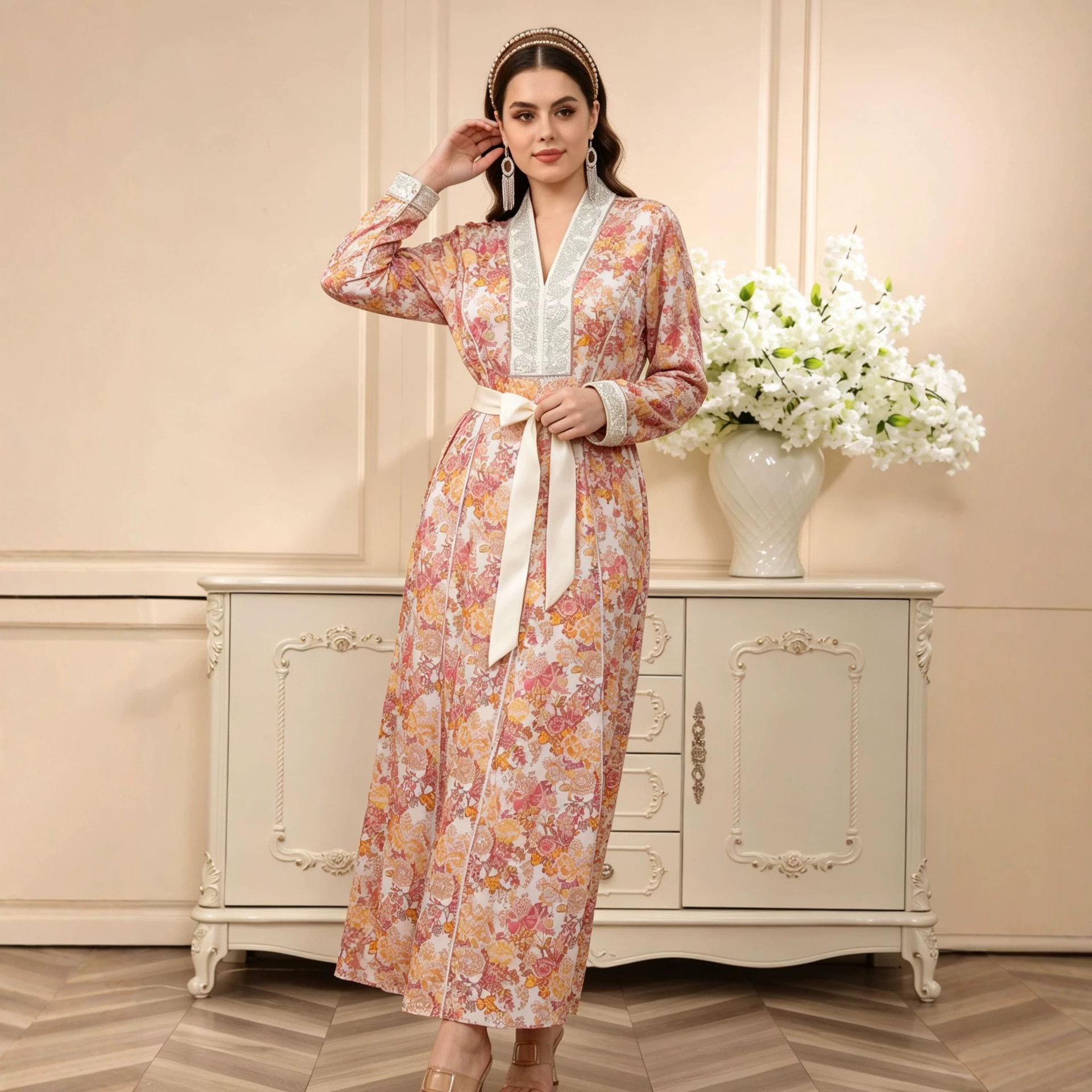 M25063 Plus Size V-Neck Embroidered Long Dress, Creamy White Base with Pink and Orange Floral Print, Tie-Waist Fit