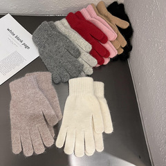 Ins純色騎乗手袋学生かわいい百合防寒保温指毛ニットウサギ毛混紡女性冬