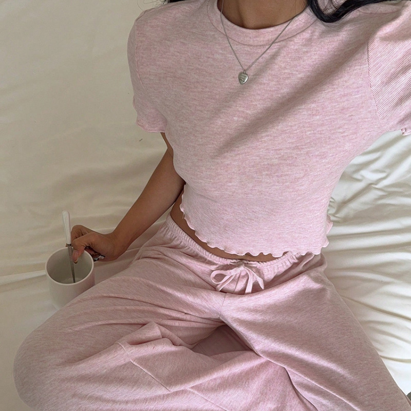 欧美坑条简约粉色上衣长裤女式睡衣家居服亲肤舒适可外穿秋季新品|undefined