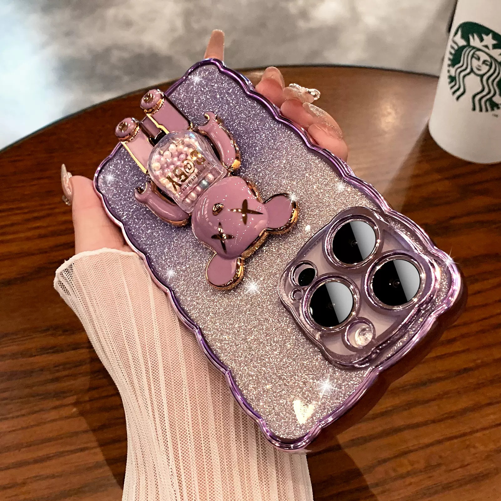 Fashion Brand Electroplated Violent Bear Bracket for Iphone14pro Phone Case All-Inclusive Apple 14 Wave Pattern Glitter