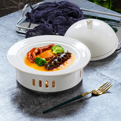 A5L金邊酒店直銷餐具陶瓷盤子帶蓋中式鮑魚遼參扣飯盤西餐玉蘭位