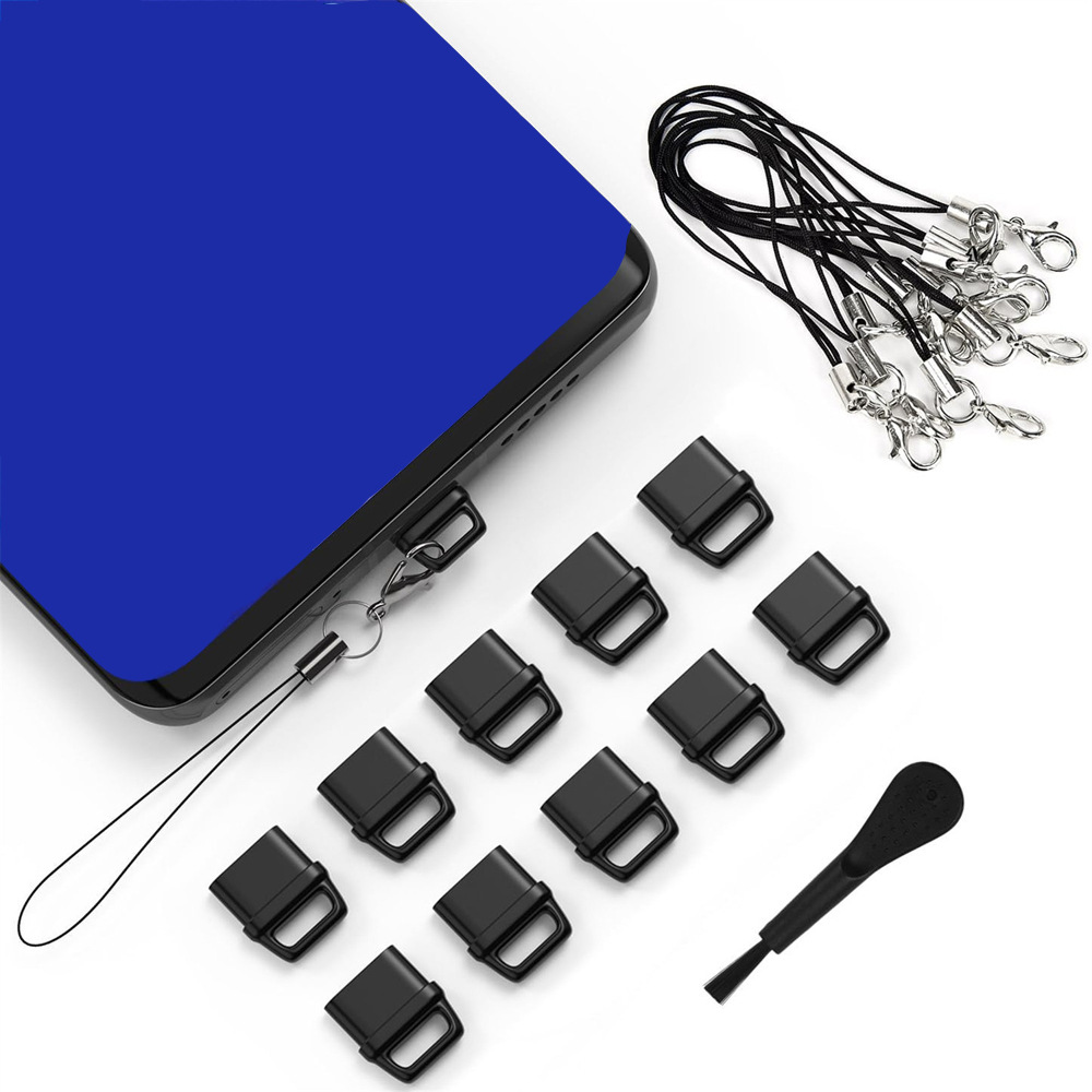Mobile Phone Dust Plug Set USB-C Anti-Dust Plug Cover with Lanyard and Cleaning Brush Set Charging Port Cleaner