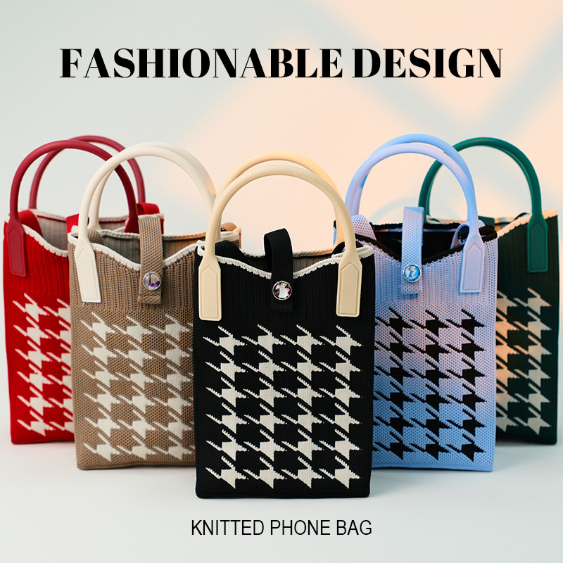 새로운 미니 아웃 도어 휴대용 니트 숄더 크로스 바디 휴대 전화 가방 Houndstooth 올 매치 Ins 핸드백 동전 지갑