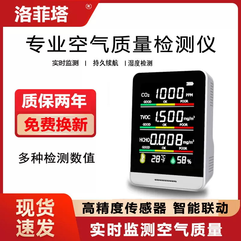 跨境专供CO2空气质量检测仪便携式二氧化碳甲醛TVOC温度湿度检测